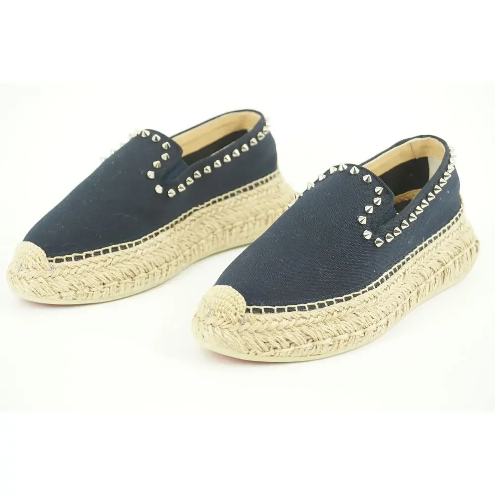 Christian Louboutin Espaboat Navy Canvas Spiked Espadrille Flat SZ 37 NIB